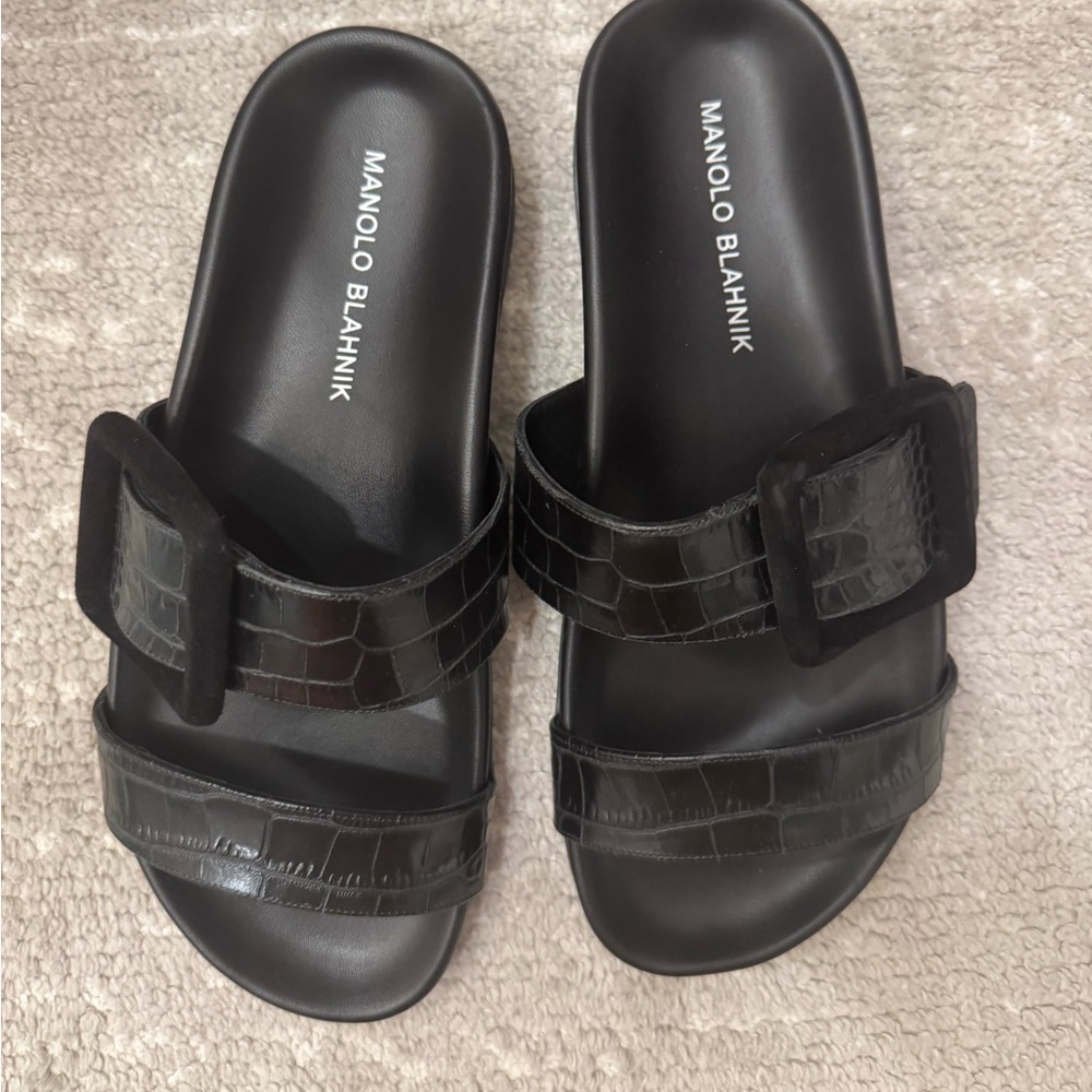 Manolo Blahnik Croc-Embossed Black Sandals